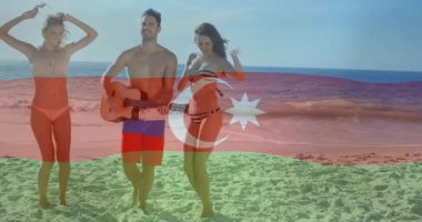 Azerbaycan bayrağı sallamak, plajda koşan çocuk animasyon örtüsüyle. Vatanseverlik, kutlama, eğlence, çocukluk, deniz kenarı, ulusal bayrak