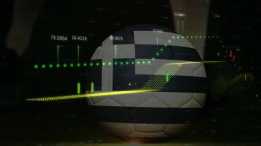 Finansal veriler ve borsa animasyonu üzerinde Yunan bayrağı olan futbol topu. Maliye, ekonomi, yatırım, analiz, ticaret, küresel