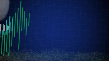 Futbol topunu çimlerin üzerinde canlandırma efektleriyle kaplayan renkli veri grafikleri. Spor, analitik, teknoloji, dijital, eğilimler, yenilikçi