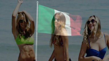 Sahilde dans eden, animasyon tarzında İtalyan bayrağı taşıyan kadınlar. Kutlama, vatanseverlik, yaz tatili, özgürlük, seyahat, coşku