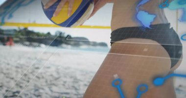 Kumsalda voleybol oynuyordu. Dijital ağ üzerinde animasyonu olan biri. Teknoloji, spor, açık hava, ağ, fütüristik, bağlantı