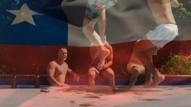 Yüzücüler Şili bayrağı animasyonuyla kaplanmış havuzda su sıçratıyor. Yüzme, su sporları, rekabet, ulusal, spor, su