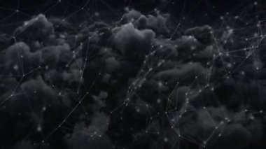 Kara bulutlar üzerinde bağlantı ağı ve veri işleme animasyonu. Teknoloji, dijital, iletişim, internet, bulut hesaplama, fütüristik