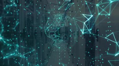 Sunucu odasında, dijital ağ bağlantıları verileri animasyon efektleriyle işliyor. Teknoloji, veri merkezi, altyapı, siber güvenlik, internet, dijital hale getirme