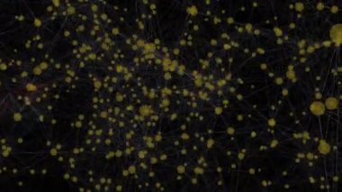 Siyah zemin üzerinde karmaşık ağ oluşturan sarı düğümlerin ve çizgilerin animasyonu. bağlantı, dijital, teknoloji, ağ, soyut, iletişim