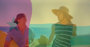 Sörf tahtası olan iki kişi okyanus kenarında konuşuyor, renkli bir animasyon. Sörf, yaşam tarzı, sohbet, yaz, eğlence, macera