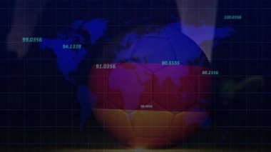 Renkli geometrik şablona ilişkin sayısal verileri kapsayan dünya haritasının animasyonu. analitik, küresel, infografik, görselleştirme, istatistik, soyut