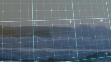 Dijital işaretlerin, okyanus dalgalarının üzerindeki ızgaranın soyut dizaynını gösteren animasyonları. teknoloji, hareket grafikleri, fütüristik, yenilik