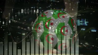 Cezayir futbol topu finans haritaları ve şehir ışıkları üzerinde animasyon. finans, ekonomi, şehir manzarası, küreselleşme, yatırım, istatistik