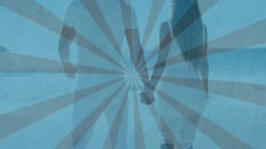 El ele tutuşan, mavi radyal desenli arka plan animasyonuna karşı duran bir çift. Romantik, bağlantı, birlik, ilişki, ortaklık, soyut