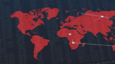 Finansal arkaplan üzerindeki veri noktaları, kırmızı dünya haritasının animasyonu. Finans, ekonomi, küresel, analitik, dijital, yatırım