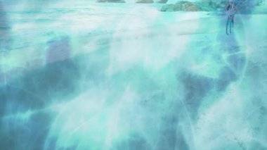 Sahilde bisiklet süren, arka planda animasyonla okyanus dalgalarını seven bir kadın. Bisiklet, eğlence, sahil, deniz kenarı, hareket, animasyon