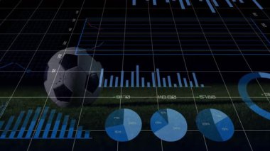 Finansal veri grafikleri futbol topunu sahada örtüyor, animasyon etkisi yaratıyor. Finans, teknoloji, spor, analitik, yatırım, hareket