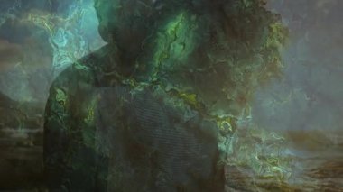 Çizgili gömlek siluetiyle kişinin üzerinde yeşil ve mavi desenler olan animasyon. Soyut, yaratıcı, tasarım, dijital, canlı, dinamik