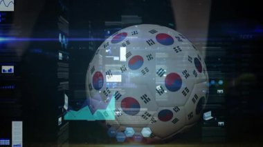 Veri tabloları ve grafiklerin üzerinde Güney Kore bayrakları olan futbol topu. Spor, finans, analitik, küreselleşme, yenilik, bütünleşme