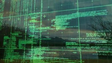Huzurlu dağ ve göl manzarasını çevreleyen dijital kod ve ızgaranın animasyonu. Teknoloji, fütüristik, doğa, sükunet, sanal, çevre