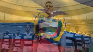 Stadyumda Ekvador bayrağıyla ayakta duran rugby oyuncuları maç animasyonuna hazırlanıyor. Spor, rekabet, takım, hazırlık, heyecan, ulusal bayrak