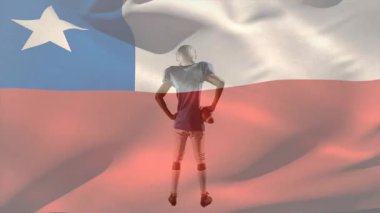 Amerikan futbolcusu, animasyonda Şili bayrağı üzerinde poz veriyor. Spor, atlet, dijital sanat, vatanseverlik, takım ruhu, rekabet