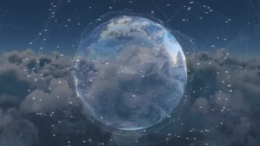 Dünya 'yı çevreleyen dijital ağ bağlantıları ve gökyüzündeki bulutların üzerindeki animasyonlar. Teknoloji, küresel, bağlantı, iletişim, fütüristik, yenilik