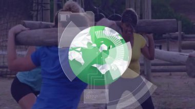 Açık havada egzersiz yapmak, dijital fitness veri animasyonu olan insanlar ekranda. teknoloji, egzersiz, izleme, aktif, sağIık