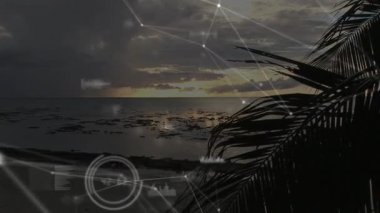 Dijital ağ bağlantıları ve veri işleme animasyonlarıyla okyanusun üzerinde gün batımı. Teknoloji, yenilik, fütüristik, bağlantı, iletişim