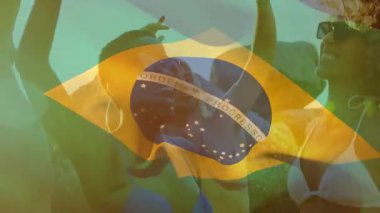 Açık havada kutlama, Brezilya bayrağı taşıyan insanlar güneşli hava animasyonunda üstüste biniyor. Kutlama, festival, milliyet, coşku, kalabalık, toplanma