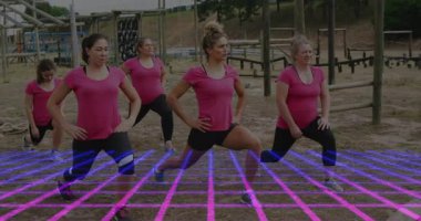 Pembe tişörtlü kadınlar dışarıda dijital şebeke animasyonu üzerinde egzersiz yapıyorlar. Fitness, egzersiz, teknoloji, sanal, sağlık, aktif