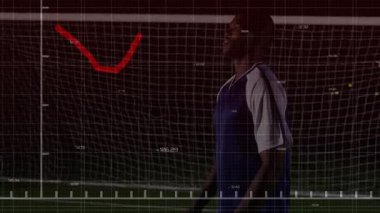 Futbol topunu tekmelemek, animasyon sahnesinde finans grafiği ile örtüşen oyuncu. Spor, futbol, analitik, istatistik, veri, finans