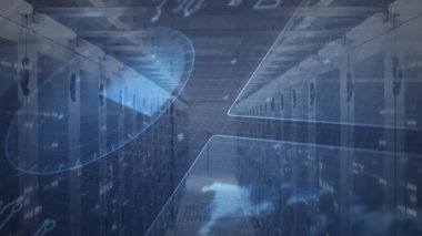 Fütürist veri merkezindeki sunucular üzerinde dijital veri işleme animasyonu. Teknoloji, ağ, siber uzay, altyapı, bulut
