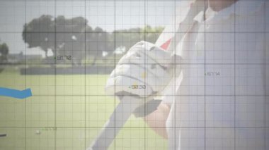 Okulda, grafik çizgileri ile kaplı miğferli kriket oyuncusunu gösteren animasyon. Spor, veri, teknoloji, analiz, atlet