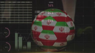 Küresel veri ve istatistik animasyonu üzerinde İran bayrağı tasarımı olan futbol topu. Futbol, spor, analitik, konsept, uluslararası, vatanseverlik