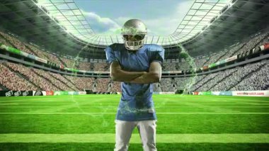 Stadyumda, futbolcu dijital ağ üzerinde animasyonla etkileşime geçiyor. Futbol, teknoloji, spor, ağ, atlet, etkileşim