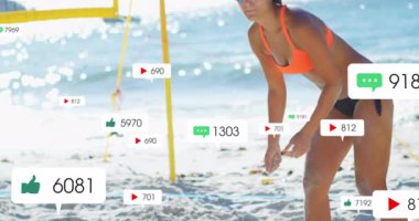 Sahilde voleybol oynamak, sosyal medya simgelerinin canlandırılması. Spor, eğlence, takım çalışması, yaz, spor, sanal