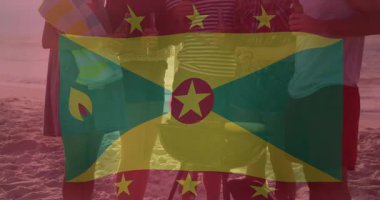 Sahilde arkadaşlarla barbekü, arka planda Grenada bayrağı animasyonu. Açık hava, ızgara, yaz, toplanma, boş zaman, arkadaşlık