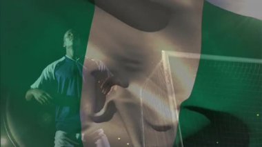 Nijerya bayrağı örtülmüş, futbolcu animasyon sahnesine bakıyor. atlet, futbol, spor, yarışma, atlet, ulusal