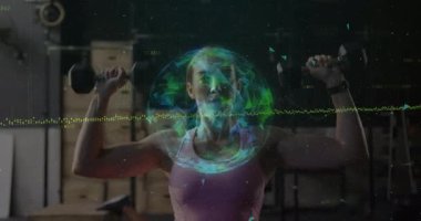 Spor salonunda ağırlık kaldıran birinin sağlık bilgisi animasyonu. Egzersiz, güç, egzersiz, eğitim, atlet, veri görselleştirme