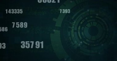 Dijital sayıların animasyonu ve dairesel desenler fütüristik veri görselleştirmesi yaratıyor. Teknoloji, yenilik, soyut, hareket, siber, analitik