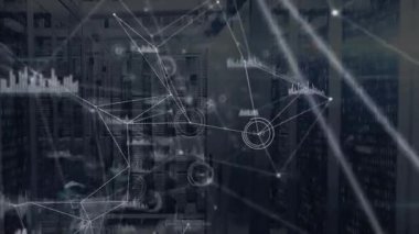 Sunucu odası arka planında bağlantılar ve veri işleme animasyonu ağı. Teknoloji, dijital, iletişim, internet, geleceksel
