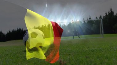 Belçika bayrak animasyonu, futbolcunun sahada topa vurması üzerine. Spor, atlet, yarışma, takım çalışması, kutlama, ulusal