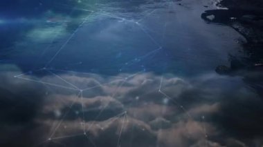 Huzurlu okyanus manzarası üzerinde bağlantılar ve veri işleme animasyonu ağı. Teknoloji, ağ, dijital, bağlantı, fütüristik