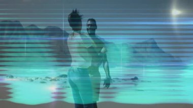 Sahilde kucaklaşan, dijital çizgilerle çevrili çift animasyon örtüsü. Romantizm, teknoloji, aşıklar, bağlantı, ilişki