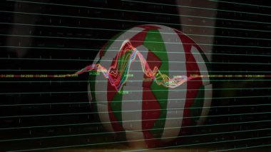 Okul spor sahasında finansal veri grafiği olan futbol topu. Finans, analitik, büyüme, yatırım, ekonomi, istatistik