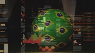 Brezilya temalı futbol topunu dinamik sunumla kaplayan animasyon veri grafikleri. İş, analitik, grafikler, spor, istatistik, ekonomi