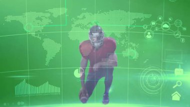 Dijital dünya haritasında çömelmiş, Amerikan futbolcu veri animasyonunu analiz ediyor. Sporcu, strateji, teknoloji, spor, veri analizi, yenilik