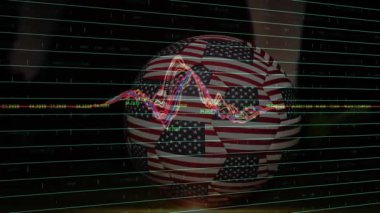 Finansal grafiği koyu arkaplanlı Amerikan futbol topunun animasyonu. Spor, finans, ekonomi, analitik, veri, büyüme