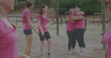 Çak bir beşlik, pembe tişörtlü kadınlar günbatımı animasyonlarıyla kutlama yapıyorlar. Kutlama, takım çalışması, neşe, arkadaşlık, mutluluk, birlik