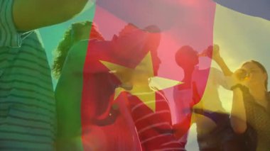 Kamerun bayrağı animasyonuyla içki içen arkadaşlar kutlama havasında. Arkadaşlık, çok kültürlü, ulusal gurur, parti, tost, bayraklar
