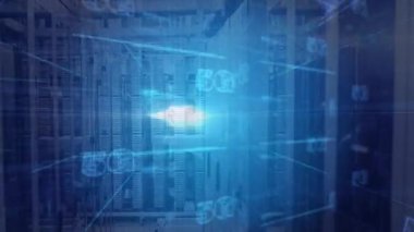 5G teknolojili metin ve mavi fütüristik animasyon tasarımlı dijital veri merkezi. ağ, yenilik, bağlantı, iletişim, kablosuz