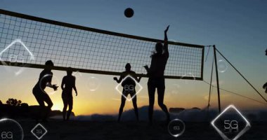 Voleybol oynamak, 5G ve 6G ağ sembolleriyle siluetli insanlar. Spor, dijital, bağlantı, iletişim, teknoloji, rekabet