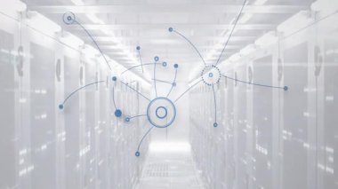 Modern sunucu odasında bağlantılar ve veri işleme animasyonu ağı. Teknoloji, bulut hesaplama, ağ, veri merkezi, dijital, bağlantı